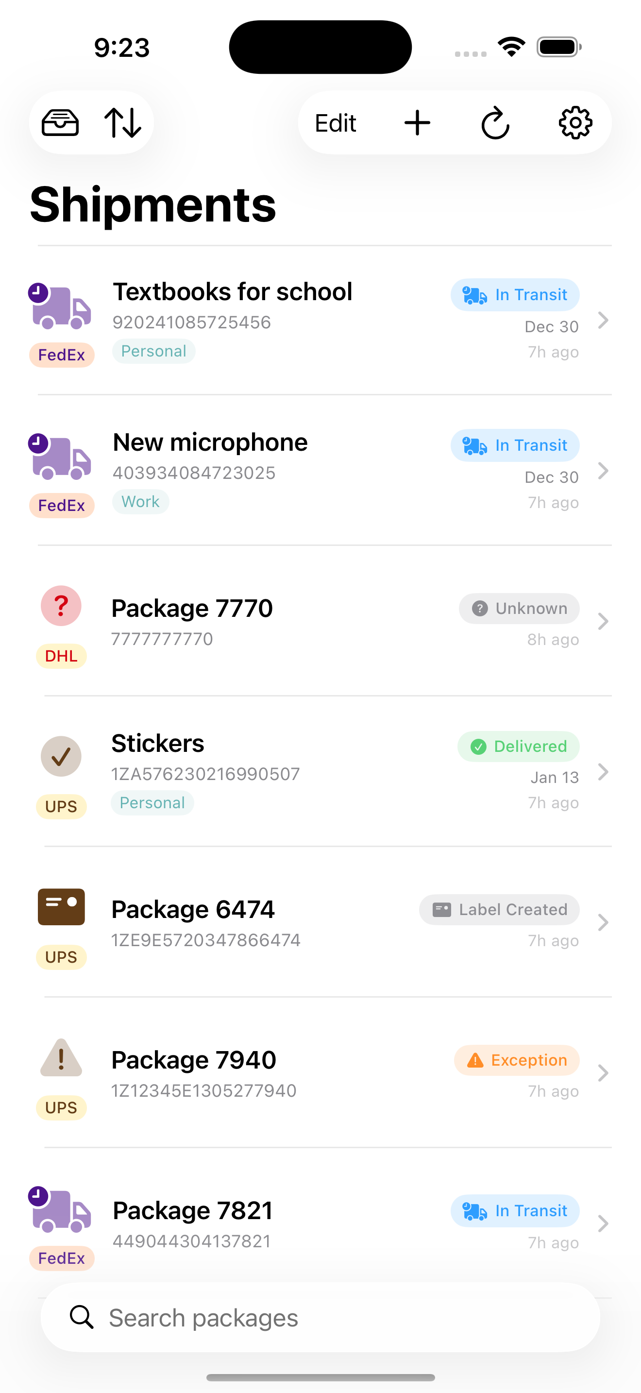 Shiplet app showing package tracking list
